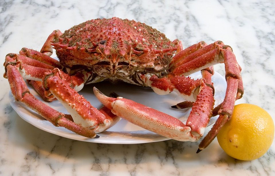 A crab on a plate with a lemon next to it